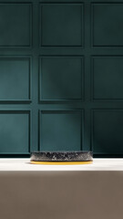 textured green wall, rendering 3d blank mockup black marble and gold podium in portrait
