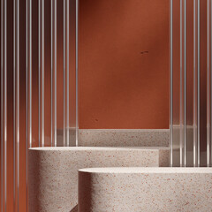glass and brown wall, 3d rendering scene template terrazzo curve podium in square
