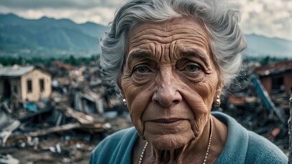 Fototapeta na wymiar An elderly woman who survived a natural disaster. Portrait of an elderly woman at the site of a natural disaster. Hurricane. Tornado. Tsunami. Earthquake.