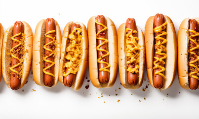 Flat lay of Tasty fresh hotdogs alignment on white background. copy space