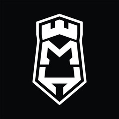 MH Letter Logo monogram hexagon shield shape up and down with crown castle isolated style design