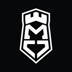 MO Letter Logo monogram hexagon shield shape up and down with crown castle isolated style design