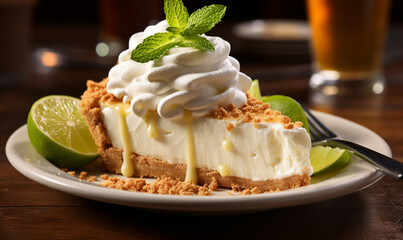 Lime pie on white plate with limes.