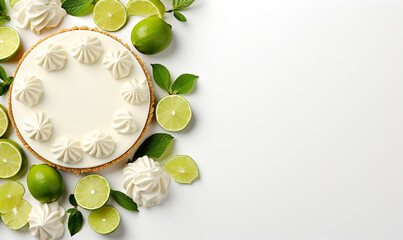 Flat lay of Lime pie with limes on white background.