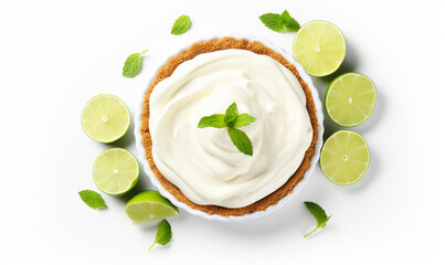 Flat lay of Lime pie with limes  on white background.