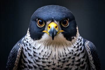 A hawk, a bird of prey, is captured in a sharp-focused portrait, its predatory gaze and the details of its face clearly visible.