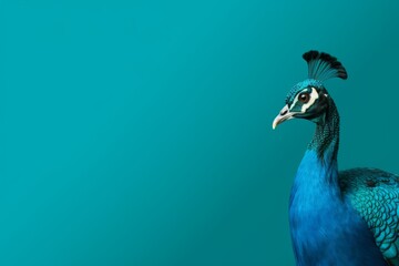 A vibrant peacock with nine brilliant tails stands against a blue backdrop, its intricate feathers polished and colorful.