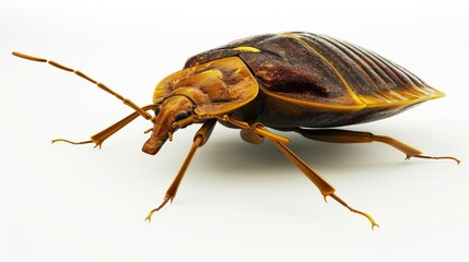 A detailed macro illustration of a violet cockroach on a white surface, its insect-like features and horned beetle appearance hyper-realistically depicted.