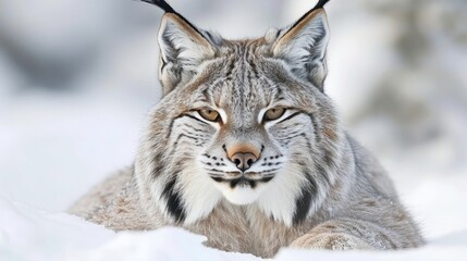 Obraz premium A young lynx, with its pointy ears and stunning face, lies in the snow, its hard predatory look contrasting with its beautiful fur.