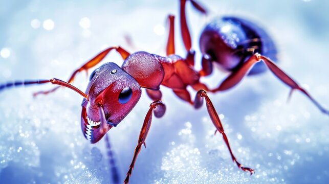A red ant, appearing monstrous and alien-like from a ground perspective, is captured in a detailed macro portrait in the snow.