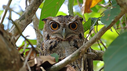 An owl, with its huge eyes, stares from its perch in a tree, captured in an over-shoulder shot.