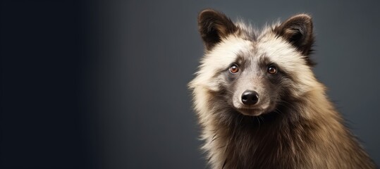 A dog, possibly a raccoon dog or anthropomorphic badger, looks at the camera, its furry face captured in an portrait. - obrazy, fototapety, plakaty