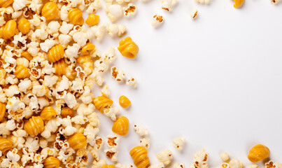 Flat lay of caramel popcorn isolated on  background. copy space