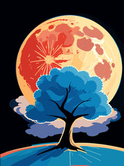 tree and moon Nature's spring canvas: vector illustration of trees