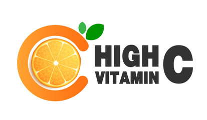 Vitamin C,  orange fruit and letter C with two green leaves. design for packaging presentation, advertising, company logo or symbol, cosmetic product display background. vitamin C nature. design.