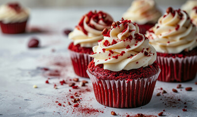 Red velvet cup cake. valentines day dessert. copy space - obrazy, fototapety, plakaty