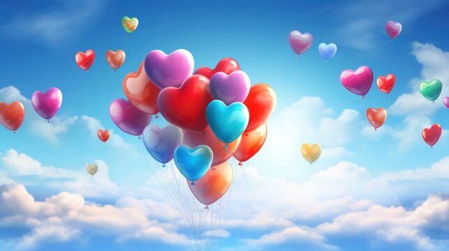 Colorful heart shaped balloons flying high on blue sky background. Generate AI image