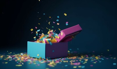 Gift box with floating confetti, isolated blue background 3D high render