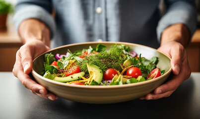 Top view of fresh salad, fresh ingredients isolated on gray concrete background. - Powered by Adobe