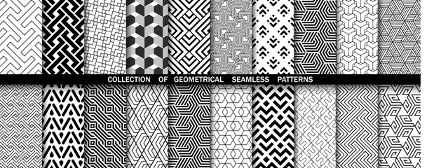 Geometric set of seamless black and white patterns. Simple vector graphics