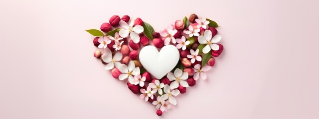 Heart symbol made of cherry flowers on pink background. Valentines day, wedding, anniversary celebration or romantic visual trend. Present for Woman day. Creative love concept with copy space