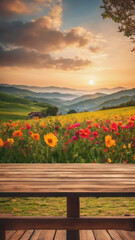 Sunset on the lake, Flowers on a table, Flowers in the mountains, Empty wood table top on blur abstract green from the garden. For the montage product display, a wooden table with a garden