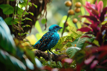 A Spangled Cotinga in its natural habitat, perched on a branch amidst lush tropical foliage