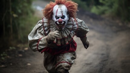 Evil scary clown running fast on dramatic background. AI generated image