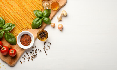 Fototapeta na wymiar Flat lay of Spaghetti ingredients on white background. fresh ingredients