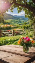 Fototapeta na wymiar Flowers on the bench, Flowers on a table, Flowers in the mountains, Empty wood table top on blur abstract green from the garden. For the montage product display, a wooden table with a garden
