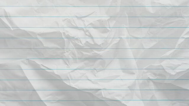 Notebook paper motion background, with looping crumpled textured effect. Blue ruled, lined paper with red margin. Seamless school exercise book animation.