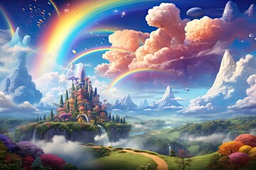 Fantasy castle in the clouds. Fantasy landscape. 3d illustration, AI Generated