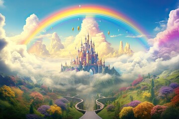 Magic Fairy Tale Landscape with Castle and Rainbow. 3D Rendering, AI Generated - obrazy, fototapety, plakaty