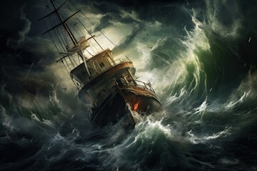 Pirate ship in stormy sea. 3d rendering and illustration, AI Generated