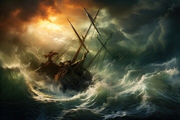 Pirate ship in stormy sea, 3d render illustration, AI Generated - obrazy, fototapety, plakaty