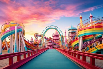 Amusement park in the sunset time. 3d rendering, AI Generated - obrazy, fototapety, plakaty