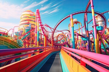 Amusement park with colorful roller coaster and blue sky at sunset, AI Generated