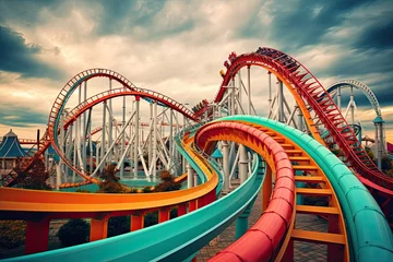 Papier Peint photo autocollant Parc dattractions Amusement park with rollercoaster and blue sky. 3d render, AI Generated