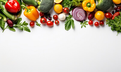 Flat lay of fresh colourful organic vegetables. white copy space in centre of frame. - obrazy, fototapety, plakaty