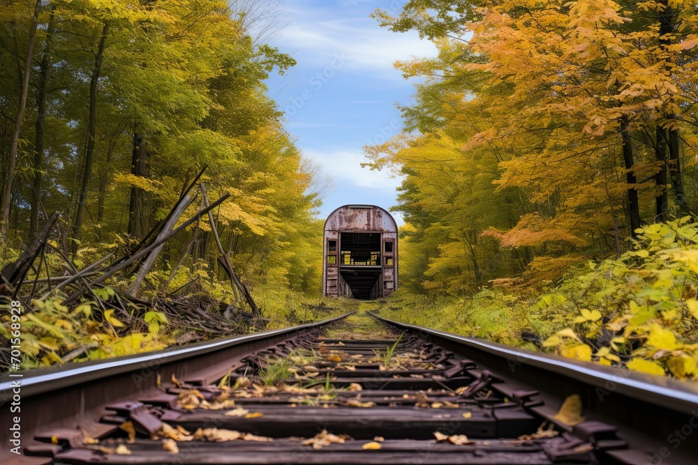 Wall mural Railway tracks in the autumn forest. Autumn landscape with yellow leaves, AI Generated