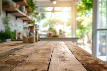 
Empty Beautiful wood table top and blur bokeh modern kitchen interior background in clean and bright, Ready for product montage