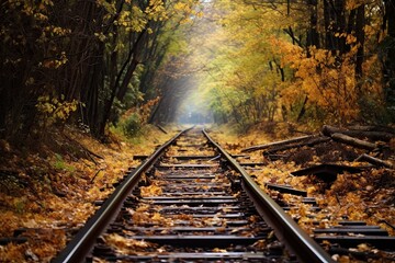 Railway in the autumn forest. Railroad in the autumn forest, AI Generated