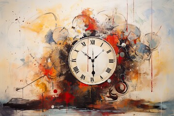 abstract colorful background with old clock and grunge texture, time concept, AI Generated