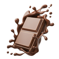 dark chocolate bar icon with chocolate cream splashing, 3d illustration.