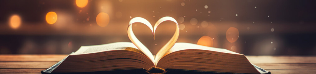 Love story book with open page of literature in heart shape and stack piles of textbooks on reading desk in library, school study room for national library lovers month and education learning concept
