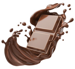 dark chocolate bar icon with chocolate cream splashing, 3d illustration.