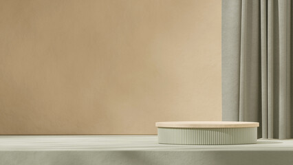 Fototapeta premium in landscape textured wall and curtain, 3d render image mockup template brown and green cylinder podium 