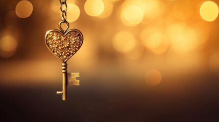 key in the shape of a heart, bokeh background with copy space. Love and Valentine's day greeting card