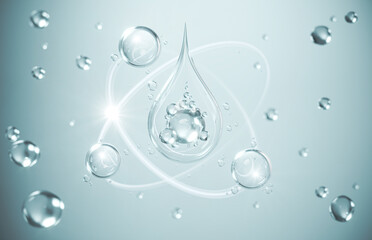cosmetic moisturizer water molecule, Cosmetic Essence, Liquid bubble, Molecule inside Liquid Bubble on water background, 3d rendering