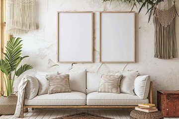 Picture frame mockup blank canvas white background room boho style